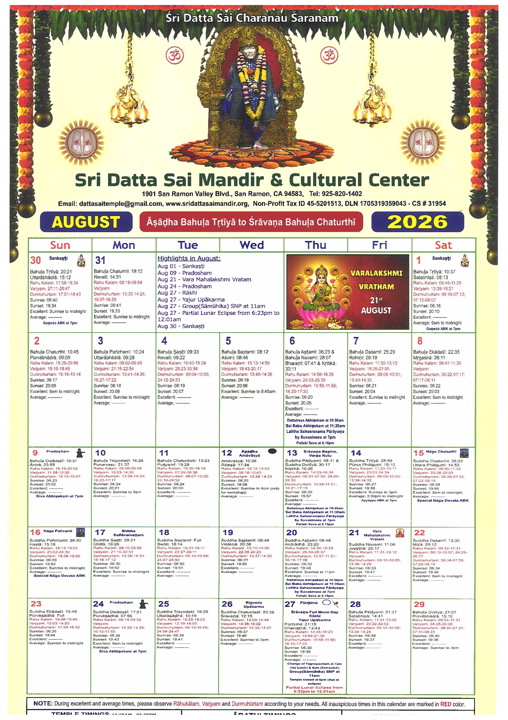Sri Datta Sai Temple Calendar