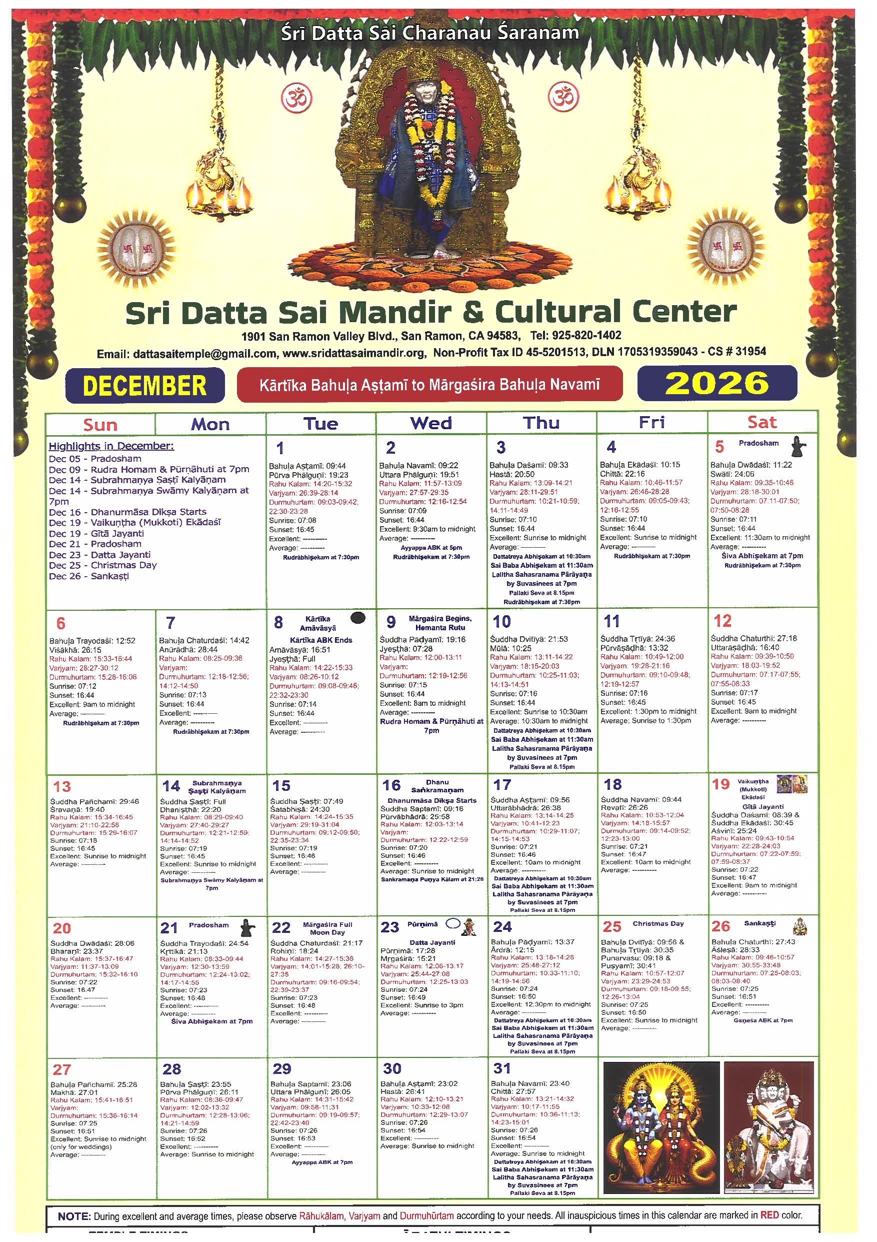 Sri Datta Sai Temple Calendar