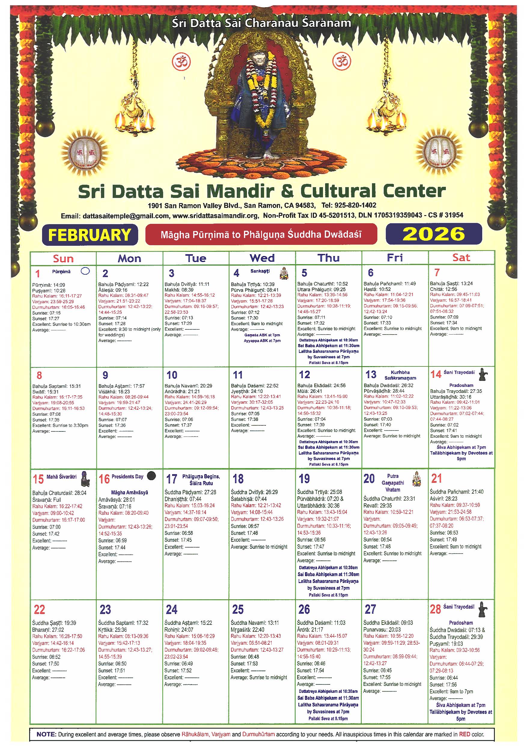 Sri Datta Sai Temple Calendar