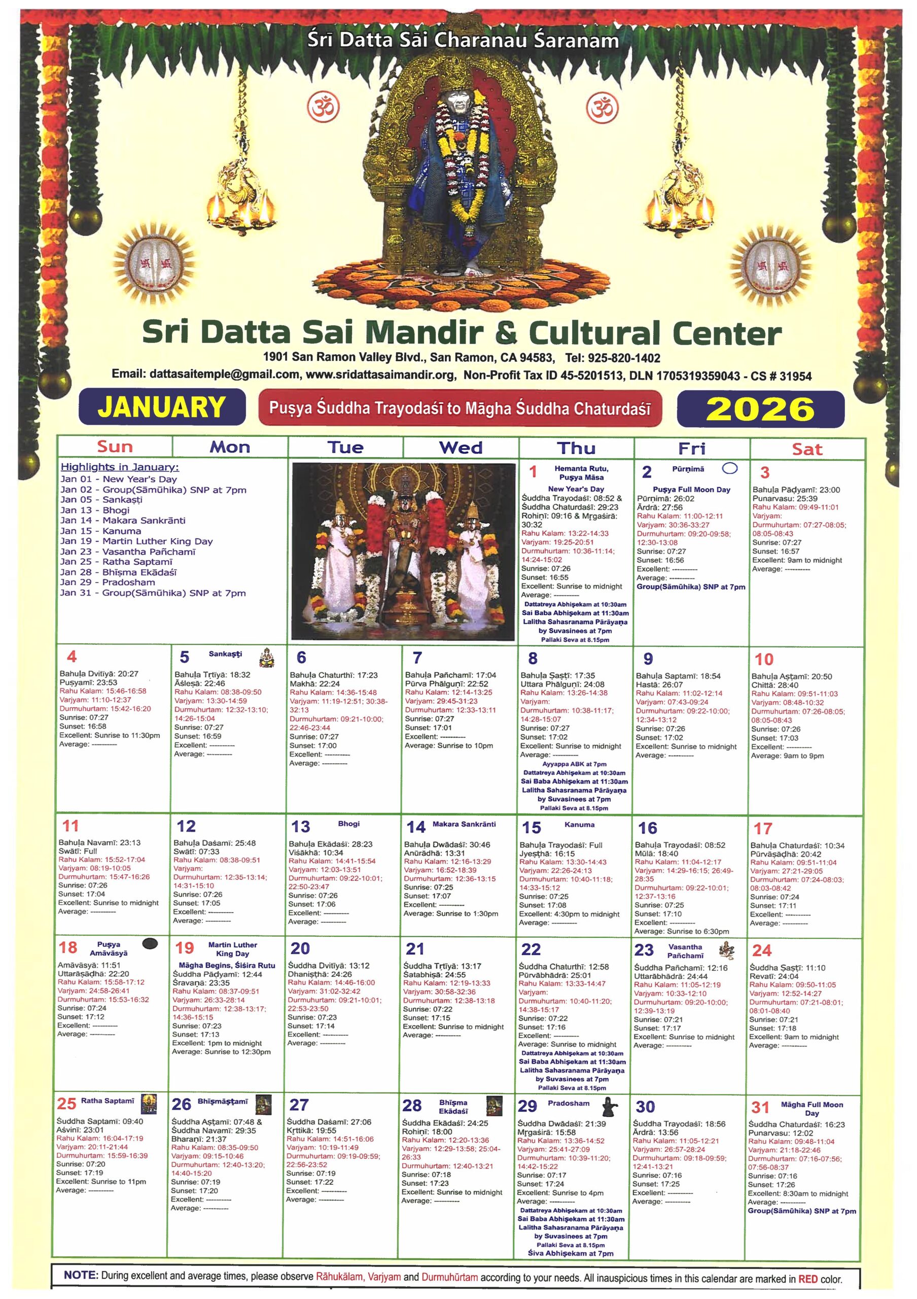 Sri Datta Sai Temple Calendar