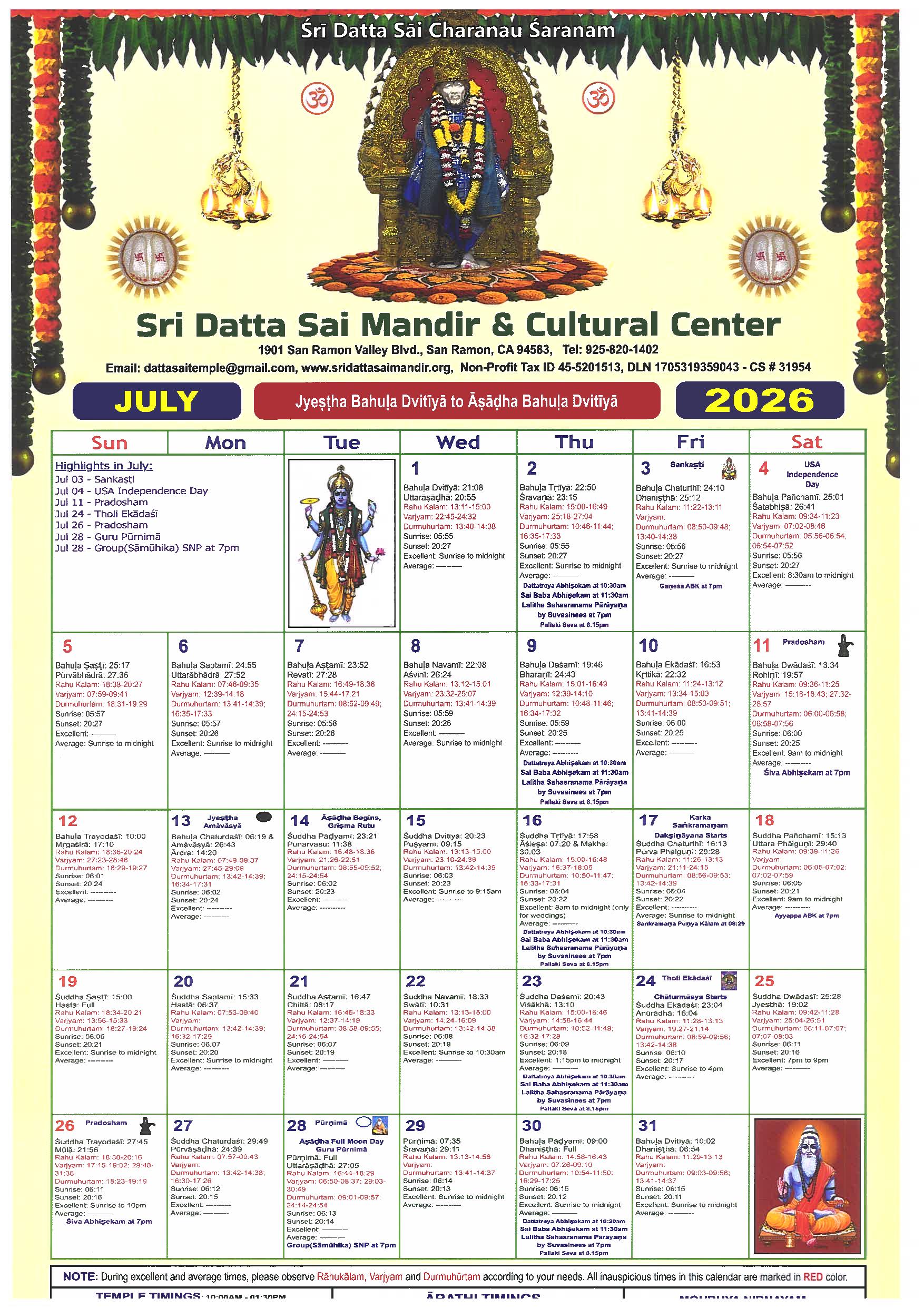 Sri Datta Sai Temple Calendar