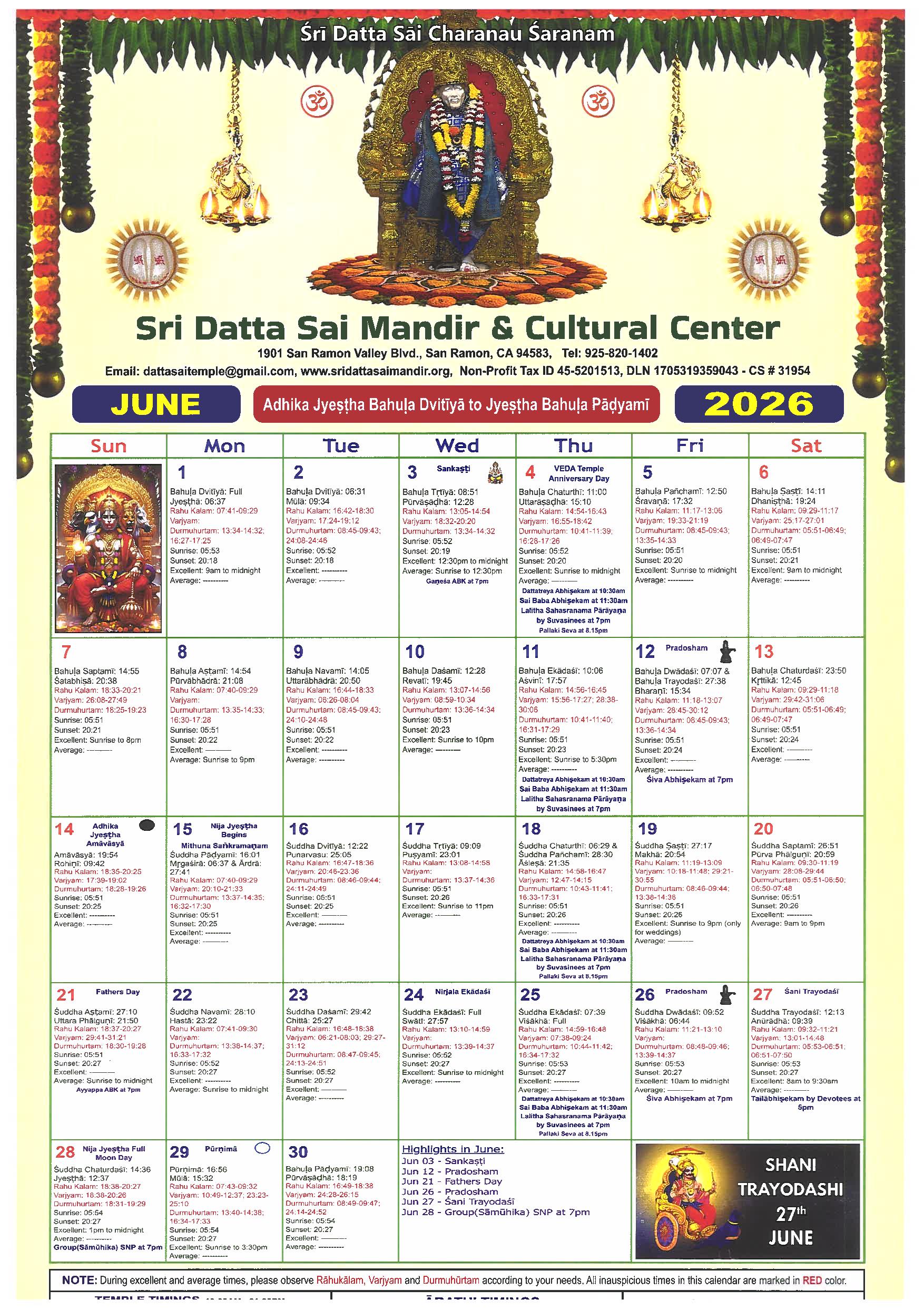 Sri Datta Sai Temple Calendar