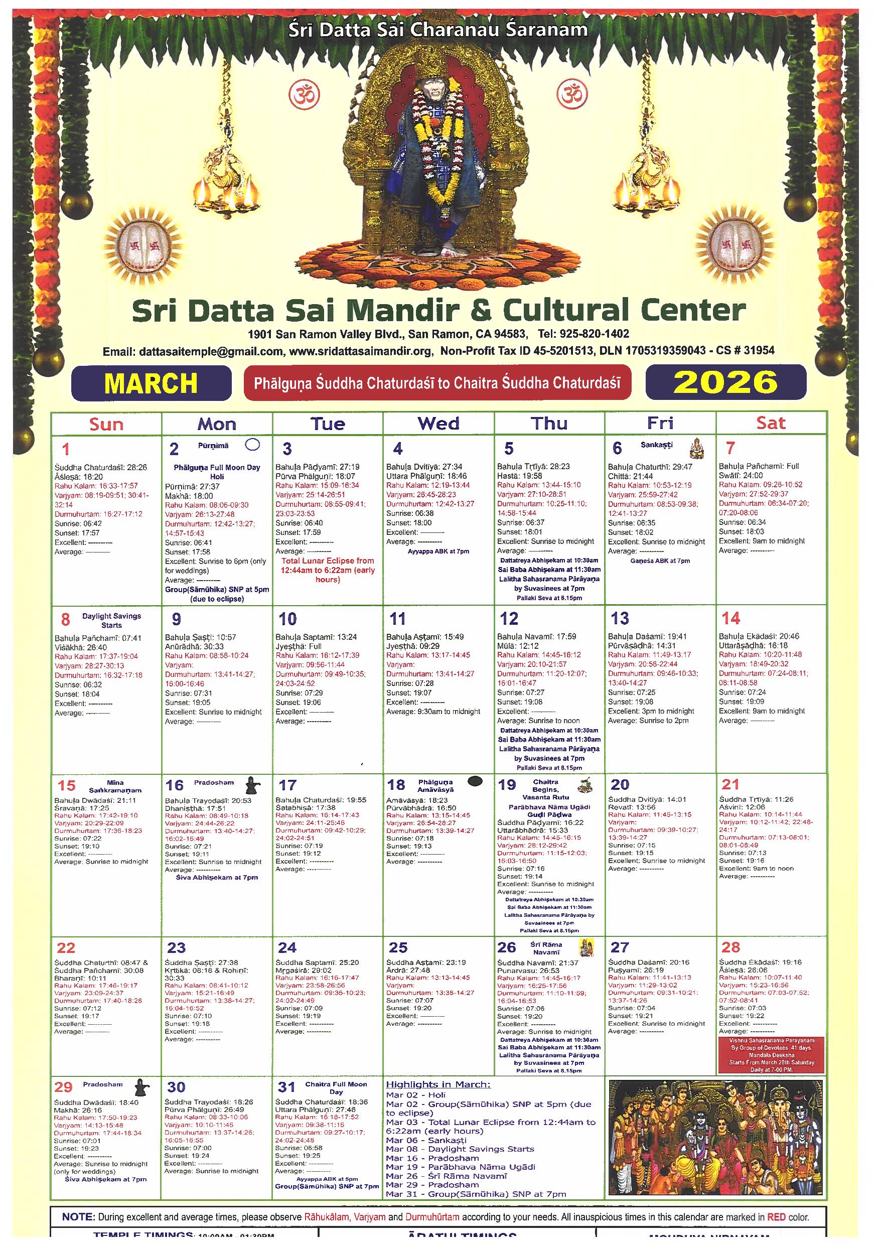 Sri Datta Sai Temple Calendar