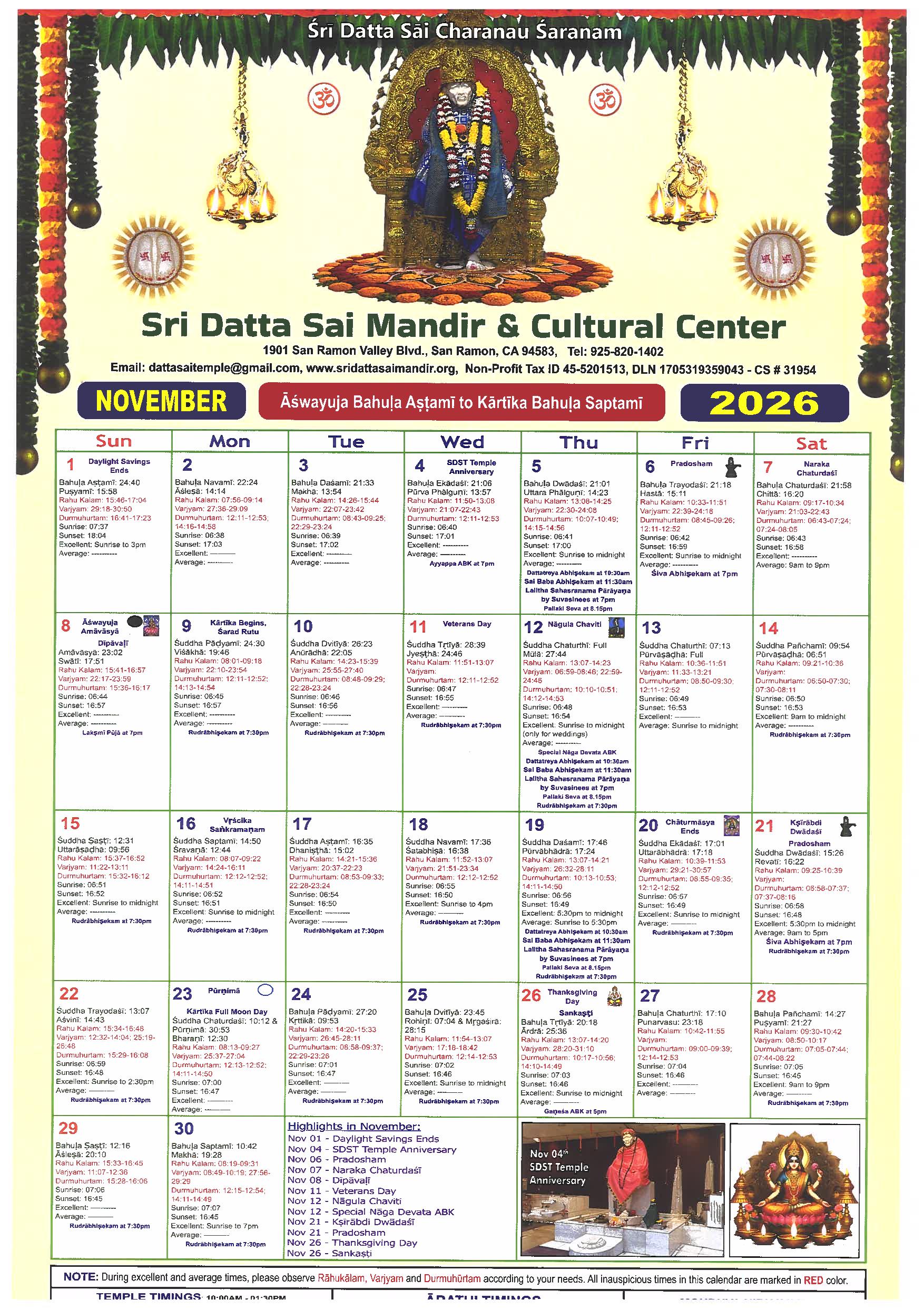 Sri Datta Sai Temple Calendar