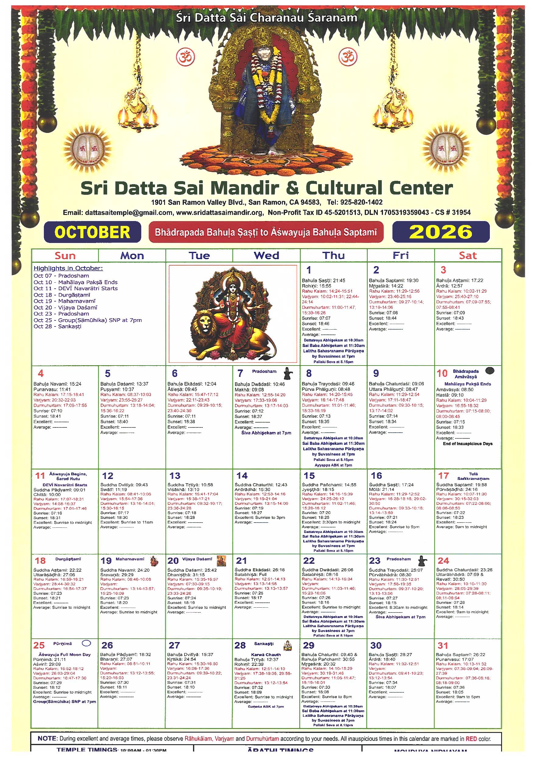 Sri Datta Sai Temple Calendar
