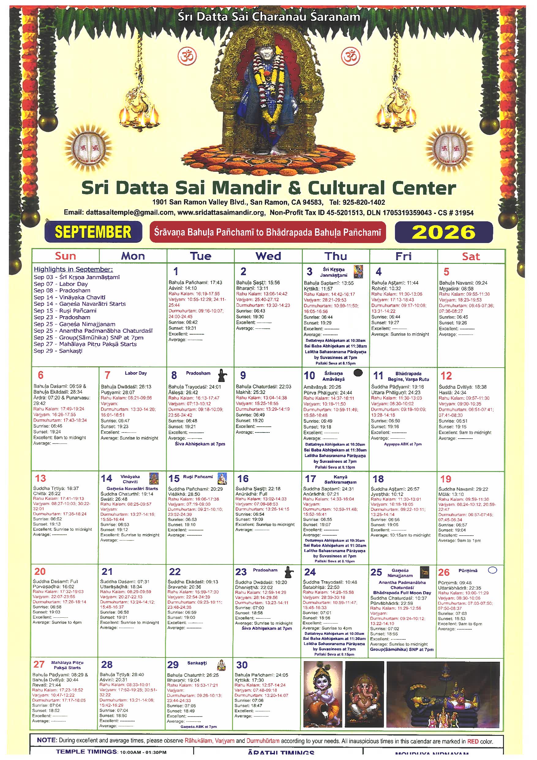 Sri Datta Sai Temple Calendar